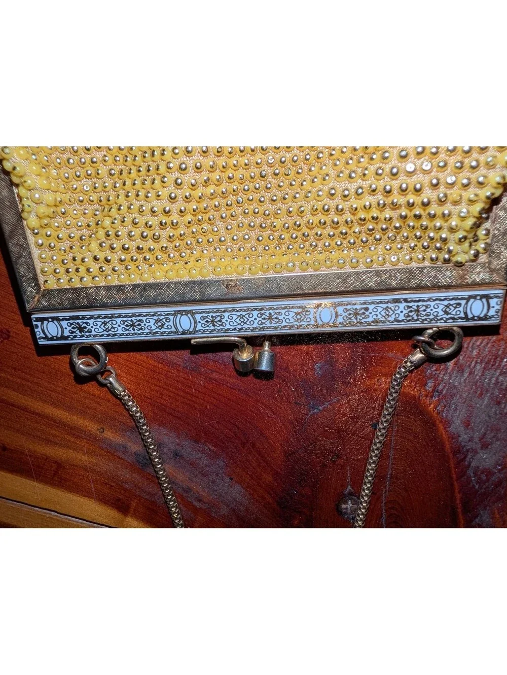 Vintage Yellow Beaded Evening Bag with Silver Tone Frame and Chain